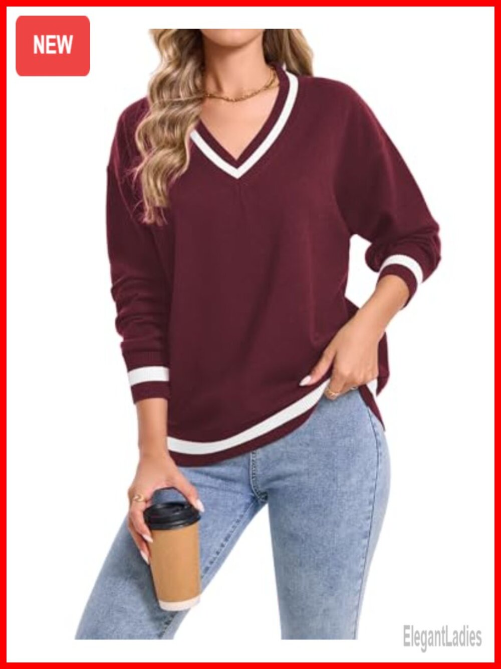 Women V Neck Cozy Lightweight Pullover Sweater Long Sleeve